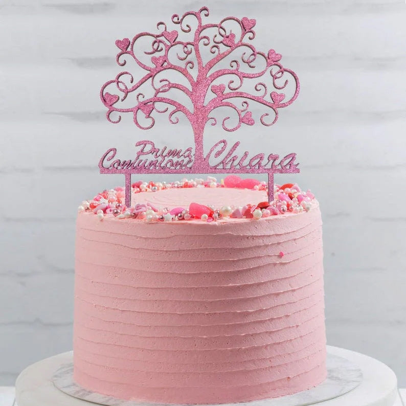 Cake Topper in Legno con Glitter Rosa - Il Mio Battesimo